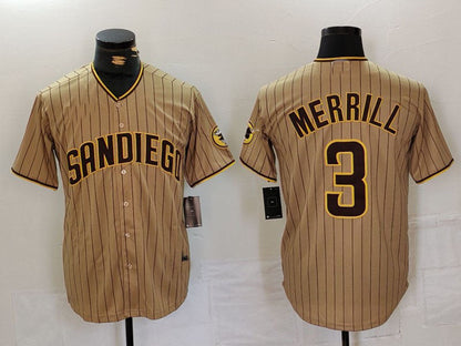 San Diego Padres #3 Jackson Merrill Tan NEW 2023 Cool Base Stitched Baseball Jersey - Main View