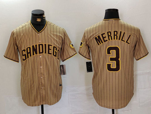 San Diego Padres #3 Jackson Merrill Tan NEW 2023 Cool Base Stitched Baseball Jersey - Main View