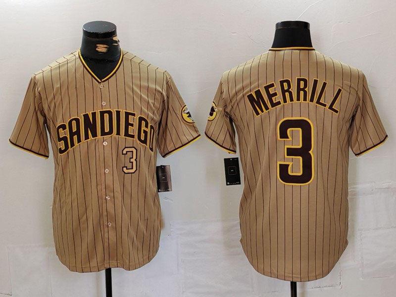 San Diego Padres #3 Jackson Merrill Tan NEW 2023 Cool Base Stitched Baseball Jersey - Main View