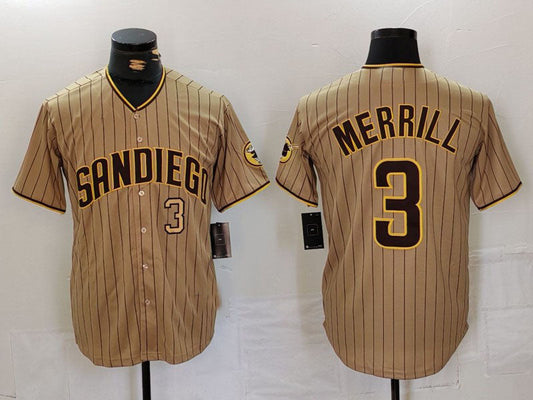 San Diego Padres #3 Jackson Merrill Tan NEW 2023 Cool Base Stitched Baseball Jersey - Main View
