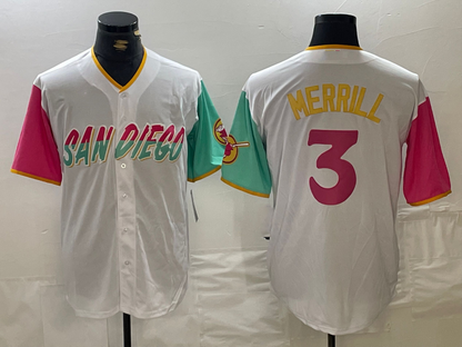 San Diego Padres #3 Jackson Merrill White 2023 City Connect Cool Base Stitched Baseball Jersey - Main View
