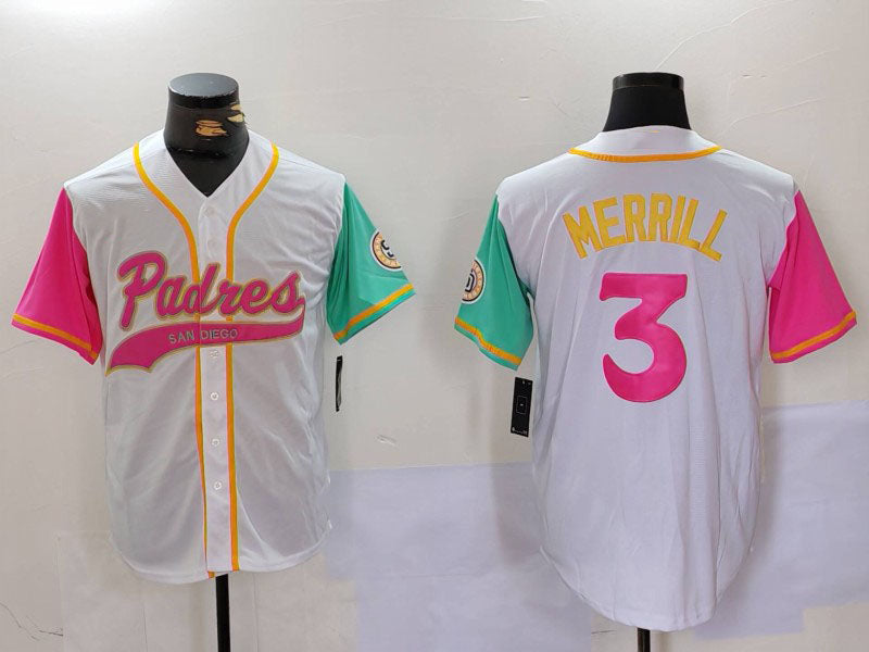 San Diego Padres #3 Jackson Merrill White NEW 2023 City Connect Cool Base Stitched Baseball Jersey - Main View