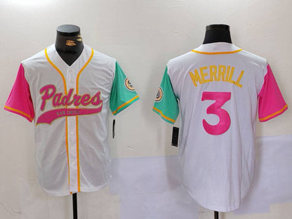 San Diego Padres #3 Jackson Merrill White NEW 2023 City Connect Cool Base Stitched Baseball Jersey - Main View