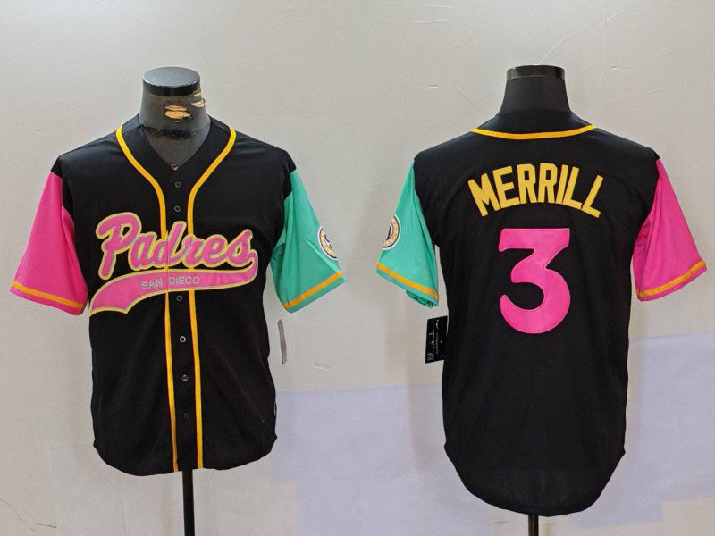 San Diego Padres #3 Jackson Merrill Black NEW 2023 City Connect Cool Base Stitched Baseball Jersey - Main View