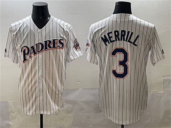 San Diego Padres #3 Jackson Merrill White Throwback With Patch Cool Base Stitched Baseball Jersey - Main View