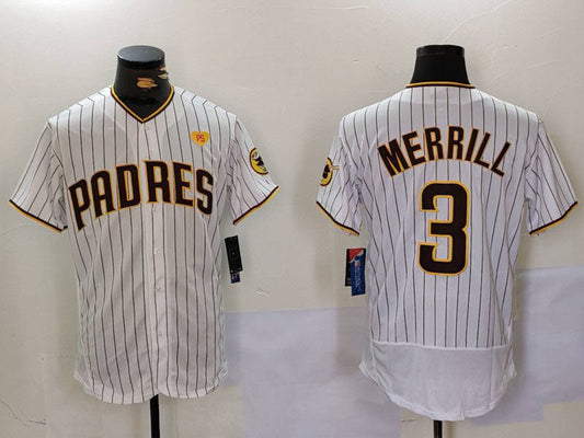 San Diego Padres #3 Jackson Merrill White With PS Patch Stitched Flex Base Baseball Jersey - Main View