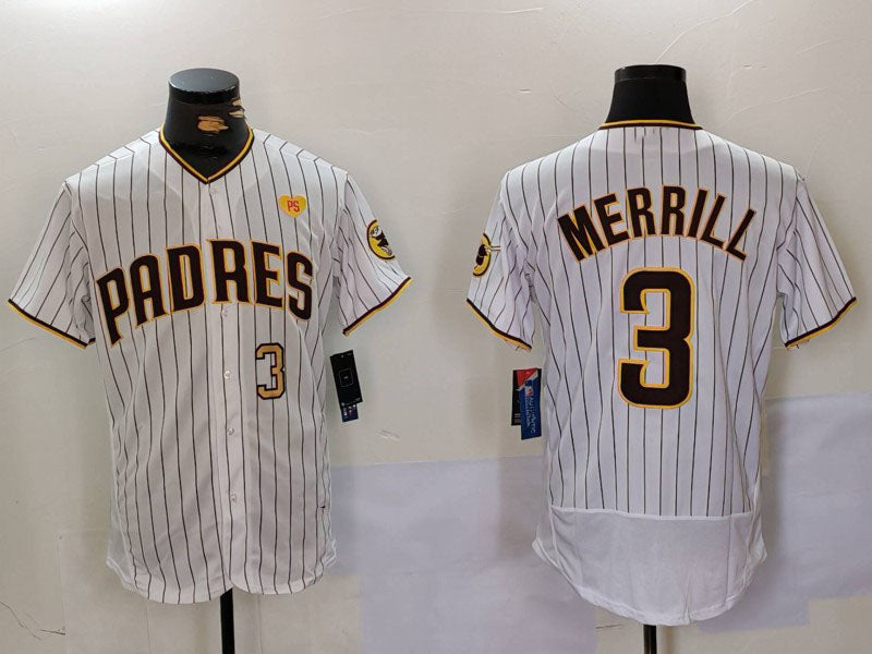 San Diego Padres #3 Jackson Merrill White With PS Patch Stitched Flex Base Baseball Jersey - Main View
