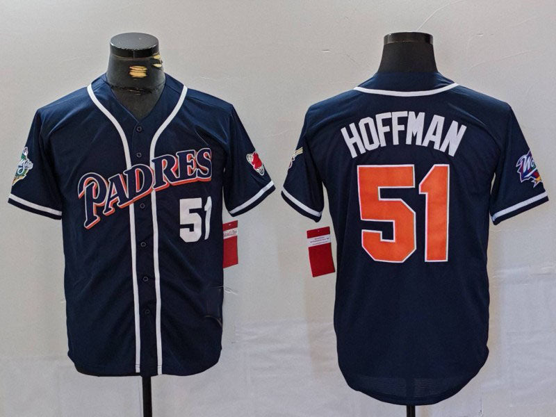 San Diego Padres #51 Trevor Hoffman Navy Player Number Cooperstown Cool Base Baseball Jerseys - Main View
