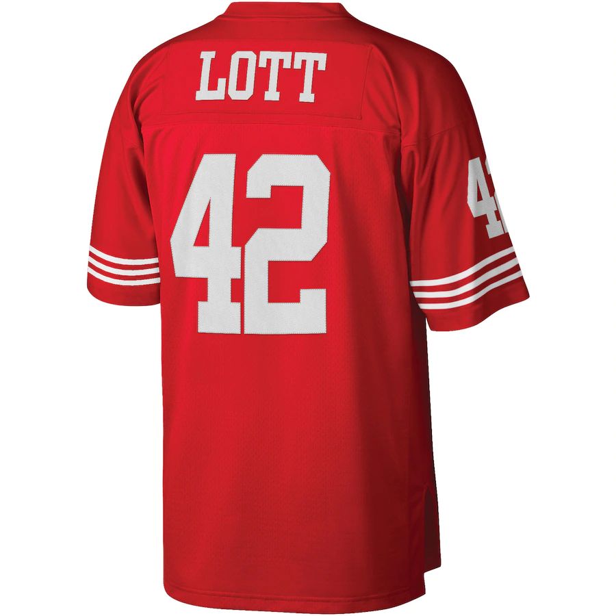 SF.49ers #42 Ronnie Lott Mitchell & Ness Scarlet Legacy Replica Jersey Stitched American Football Jerseys - Main View