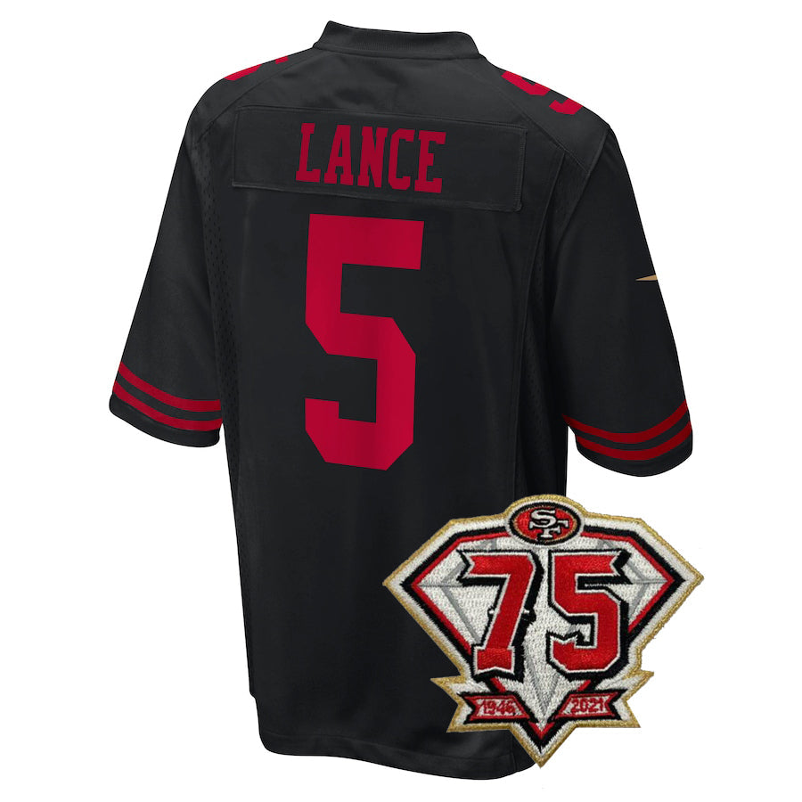 Men's Kids Women's San Francisco 49ers #5 Trey Lance Football Jersey Red White Black view 3