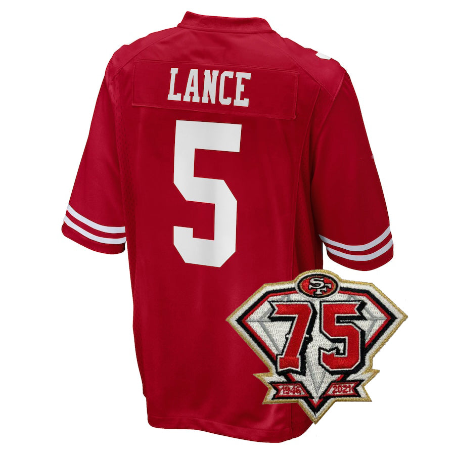 Men's Kids Women's San Francisco 49ers #5 Trey Lance Football Jersey Red White Black - Main View