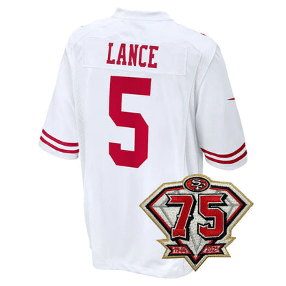 Men's Kids Women's San Francisco 49ers #5 Trey Lance Football Jersey Red White Black view 2