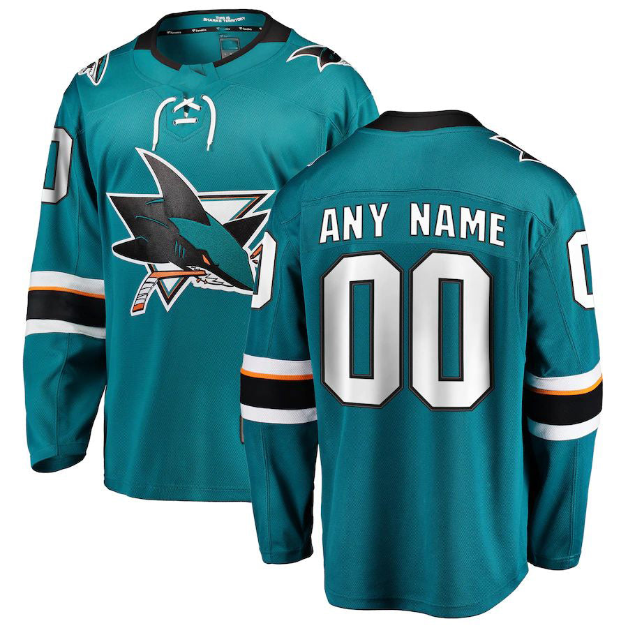 Custom SJ.Sharks Fanatics Branded 2021-22 Home Breakaway Teal Stitched American Hockey Jerseys - Main View