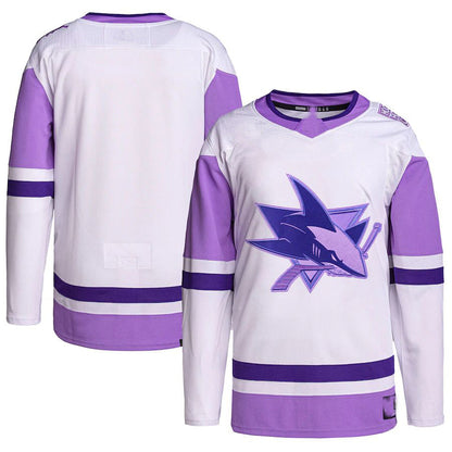 SJ.Sharks Hockey Fights Cancer Primegreen Authentic Blank Practice Jersey White Purple Stitched American Hockey Jerseys - Main View