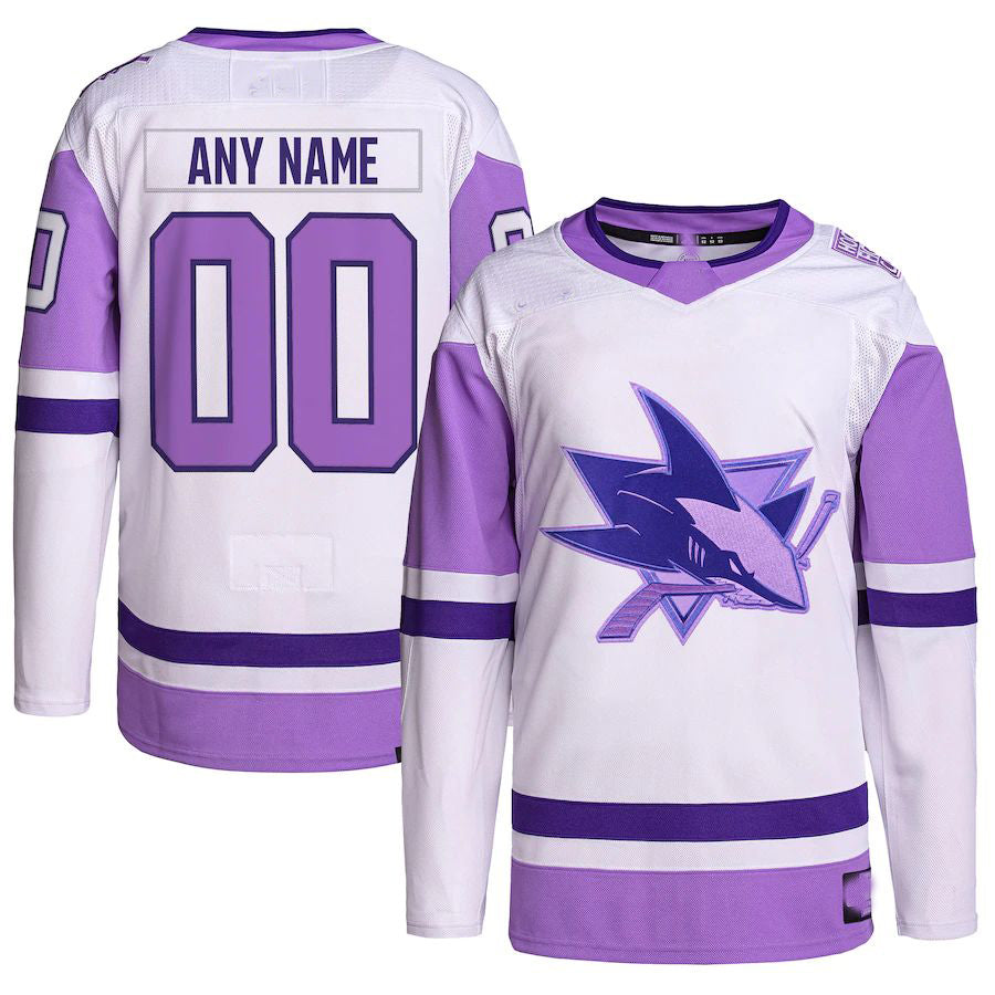 Custom SJ.Sharks Hockey Fights Cancer Primegreen Authentic Jersey White Purple Stitched American Hockey Jerseys - Main View