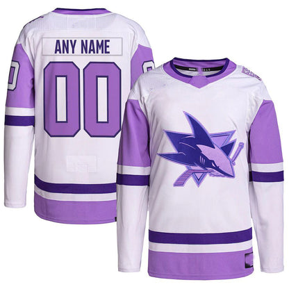 Custom SJ.Sharks Hockey Fights Cancer Primegreen Authentic Jersey White Purple Stitched American Hockey Jerseys - Main View