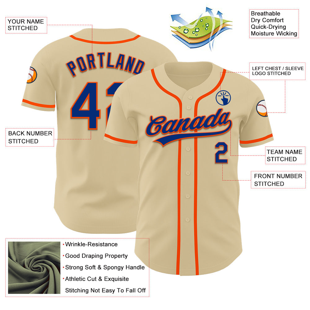 Custom Sand Royal-Orange Authentic Baseball Jersey view 3