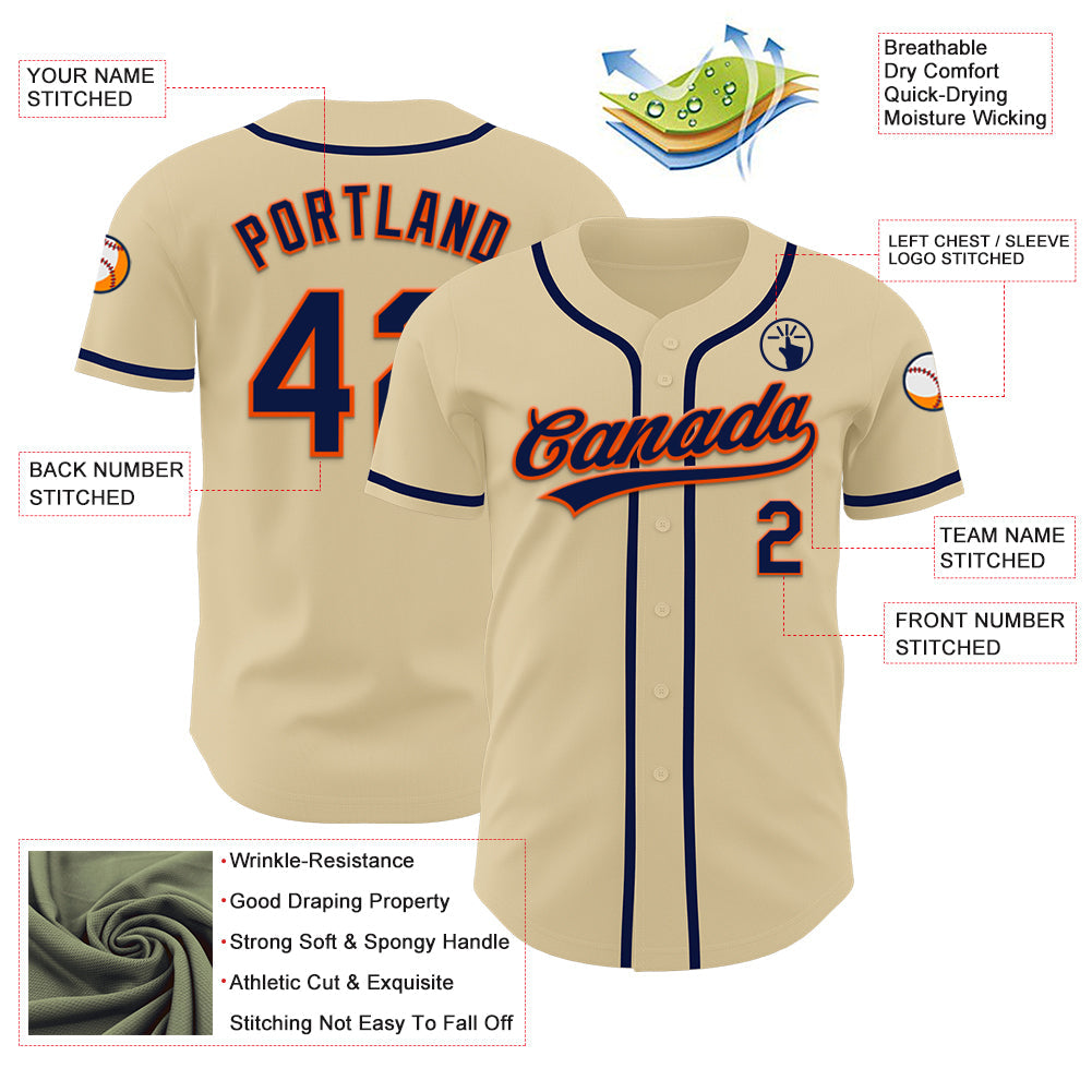 Custom Sand Navy-Orange Authentic Baseball Jersey view 3