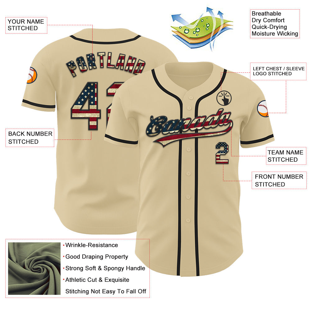 Custom Sand Vintage USA Flag-Black Authentic Baseball Jersey view 3