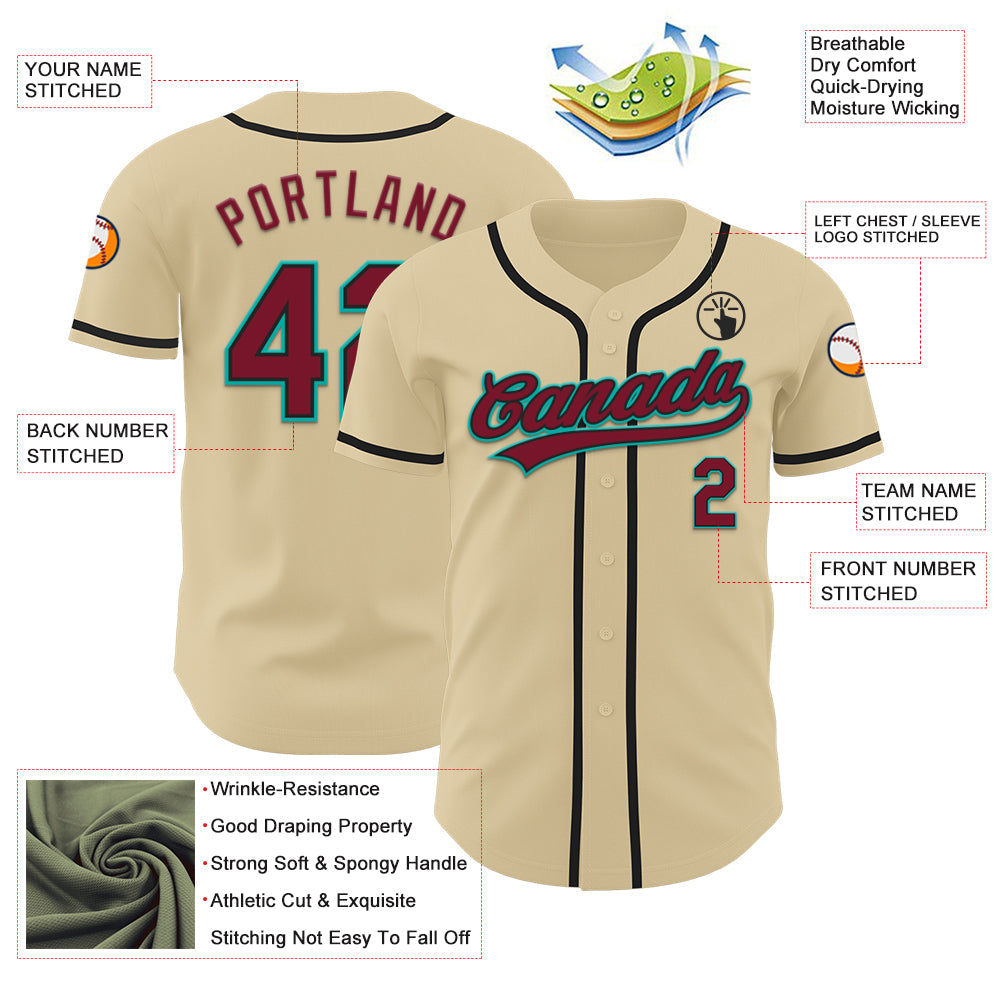 Custom Sand Crimson Black-Aqua Authentic Baseball Jersey view 3