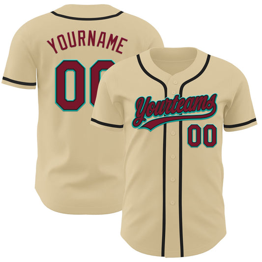 Custom Sand Crimson Black-Aqua Authentic Baseball Jersey - Main View