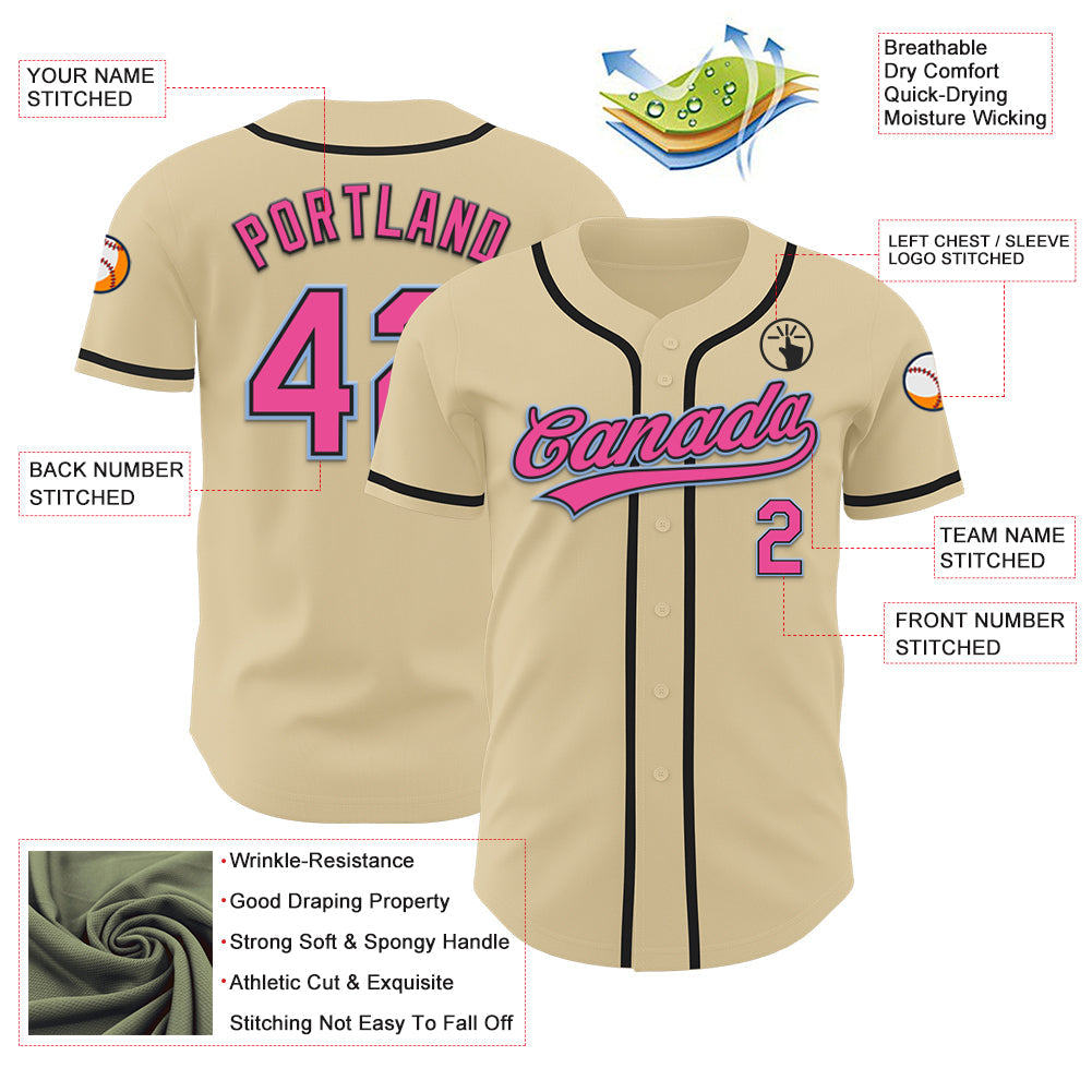 Custom Sand Pink Black-Light Blue Authentic Baseball Jersey view 3
