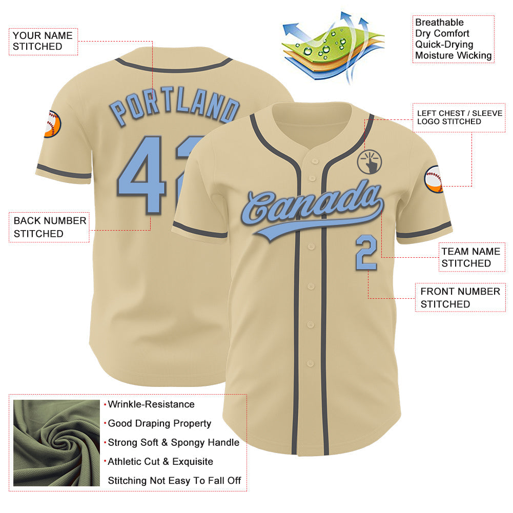 Custom Sand Light Blue-Steel Gray Authentic Baseball Jersey view 3