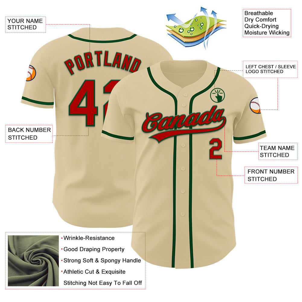 Custom Sand Red-Green Authentic Baseball Jersey view 3