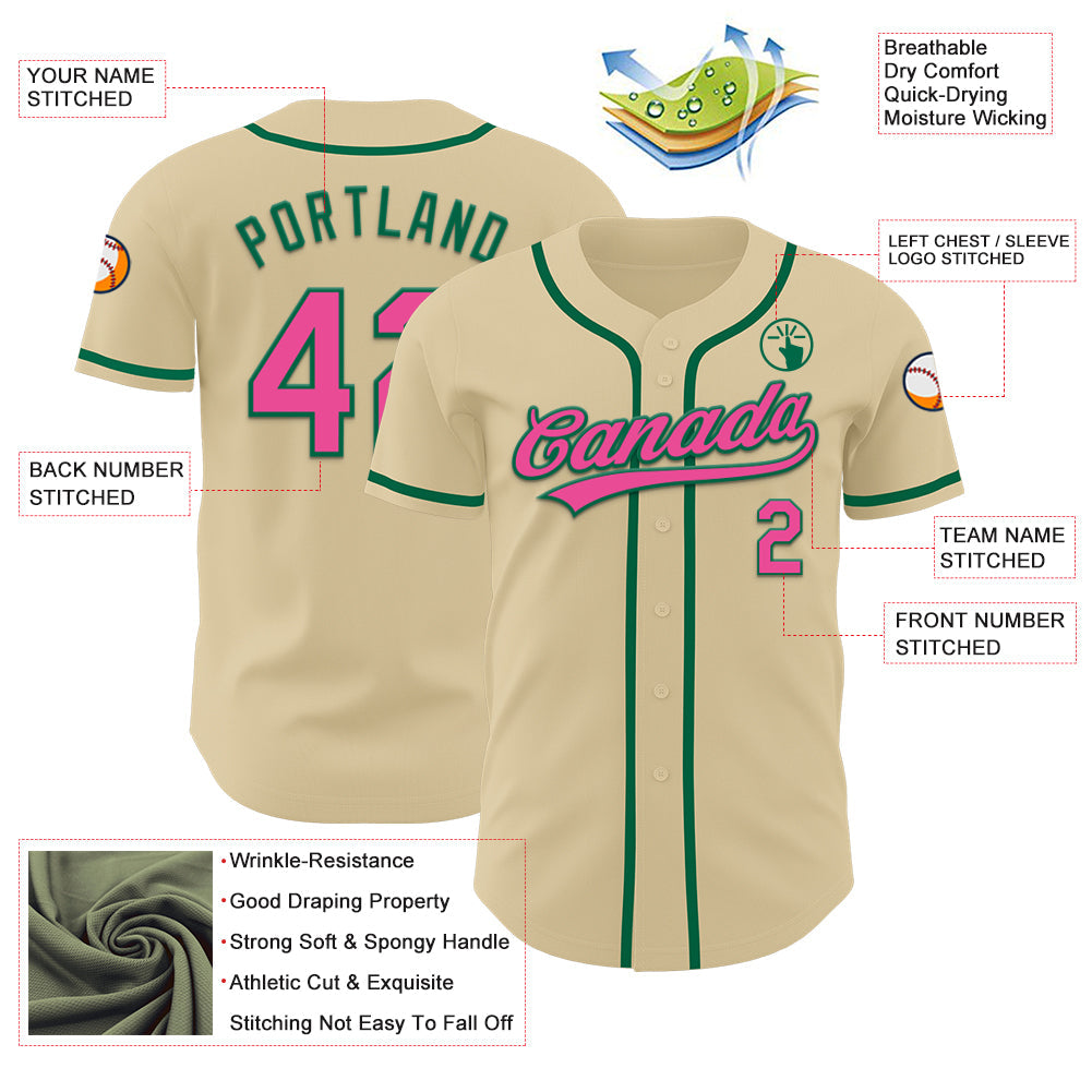 Custom Sand Pink-Kelly Green Authentic Baseball Jersey view 3