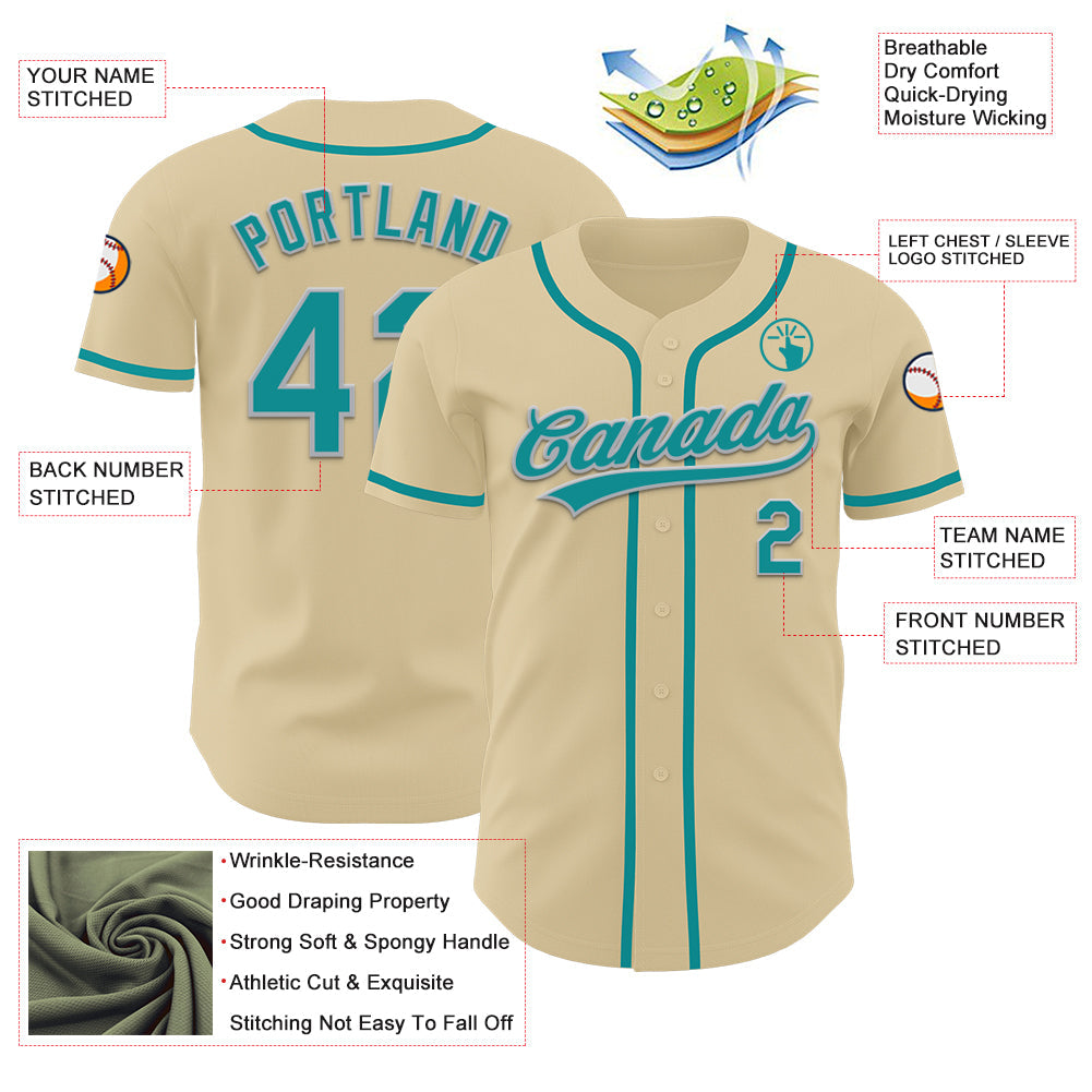 Custom Sand Teal-Gray Authentic Baseball Jersey view 3