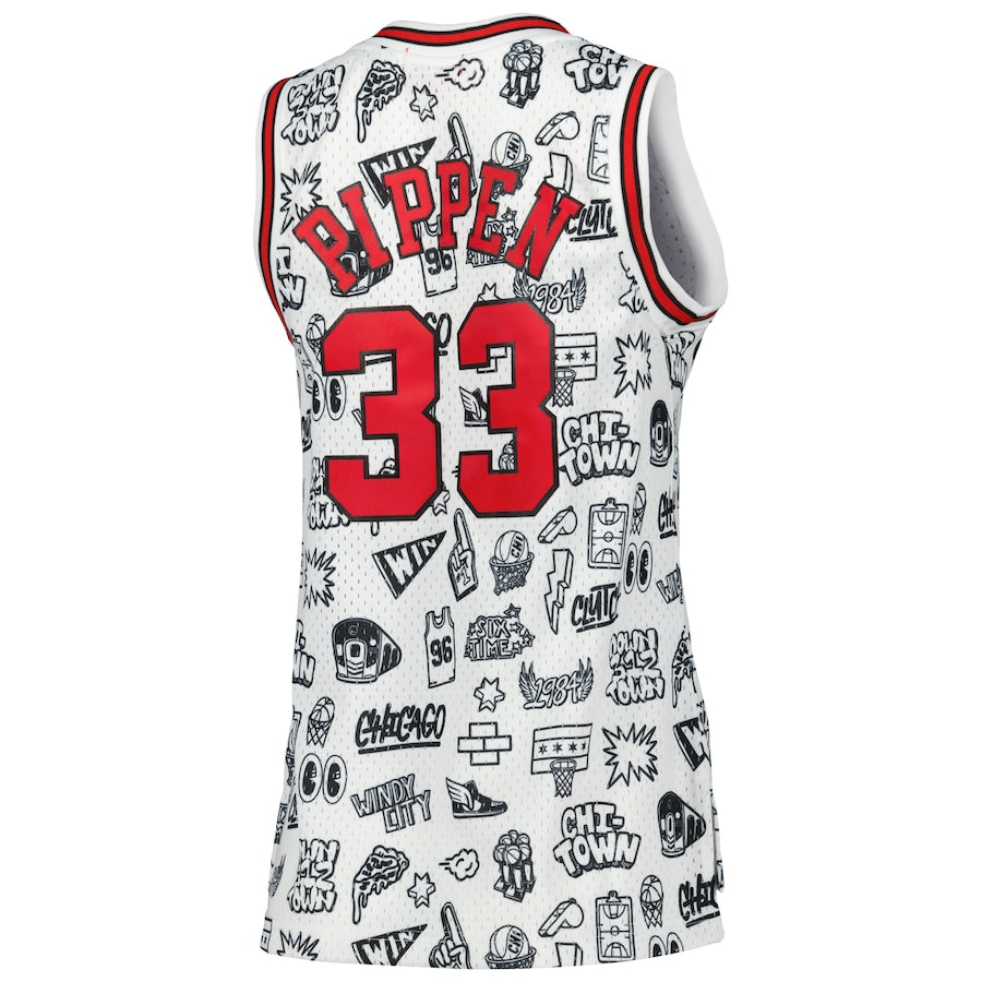 C.Bulls #33 Scottie Pippen Mitchell & Ness 1997 Doodle Swingman Jersey White Stitched American Basketball Jersey - Main View