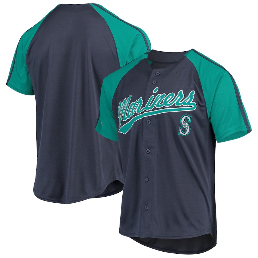 Seattle Mariners Stitches Navy Button-Down Raglan Replica Jersey Baseball Jerseys - Main View