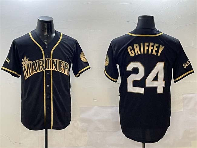 Seattle Mariners #24 Ken Griffey Jr. Black Gold Cool Base Stitched Baseball Jersey - Main View