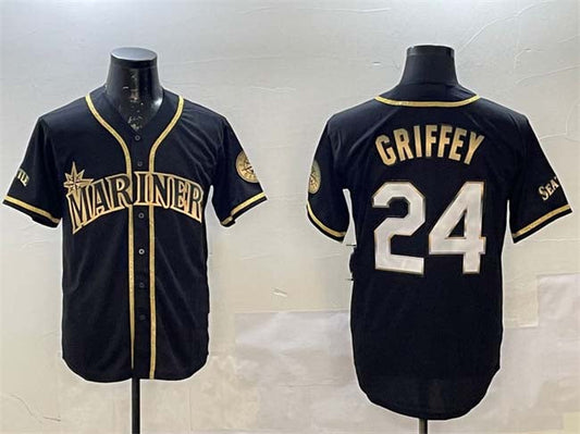 Seattle Mariners #24 Ken Griffey Jr. Black Gold Cool Base Stitched Baseball Jersey - Main View