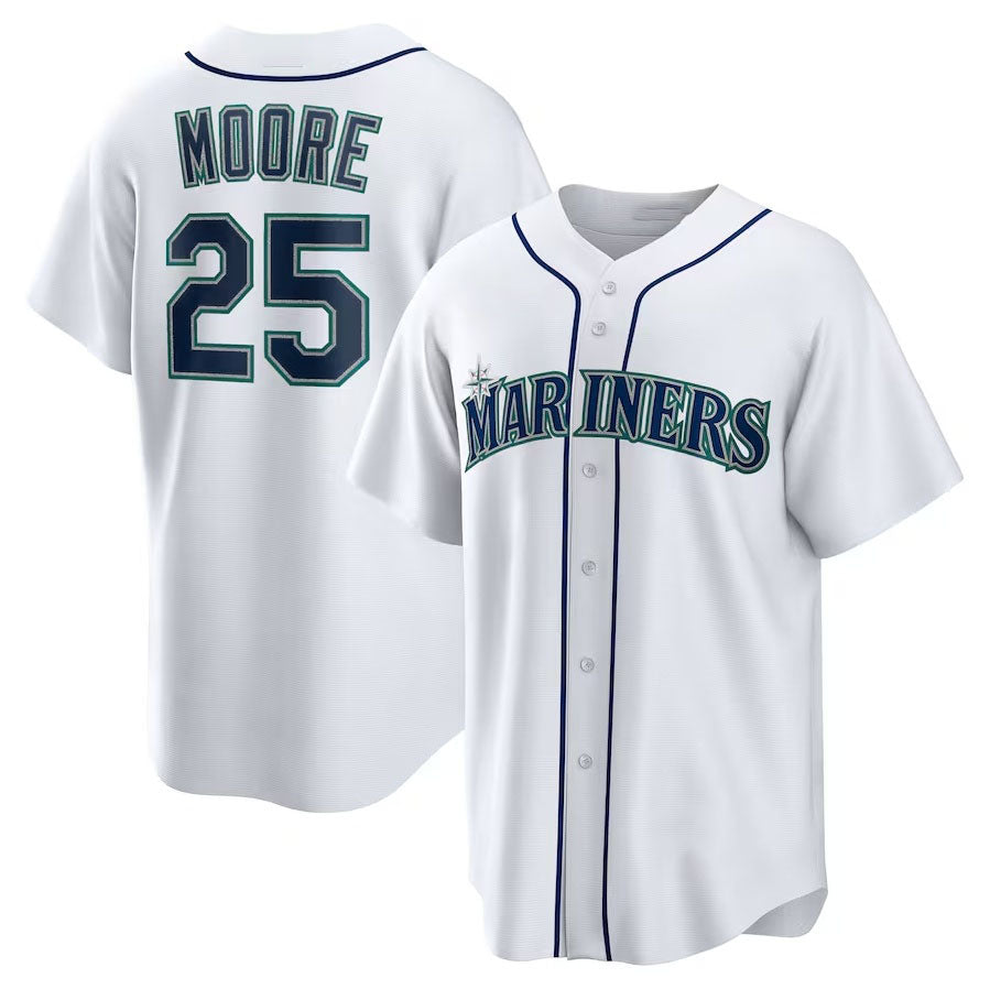 Seattle Mariners #25 Dylan Moore Home Replica Jersey - White Stitched Baseball Jersey - Main View