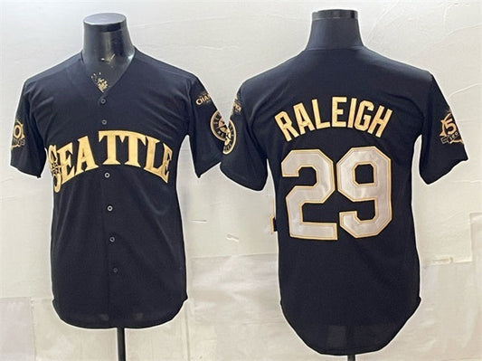 Seattle Mariners #29 Cal Raleigh Black Gold 50th Anniversary & AL West Division Champions Patch Vapor Limited Stitched Baseball Jersey - Main View