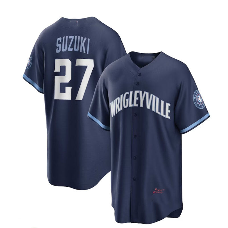 Chicago Cubs #27 Seiya Suzuki City Connect Replica Player Jersey - Navy Baseball Jerseys - Main View
