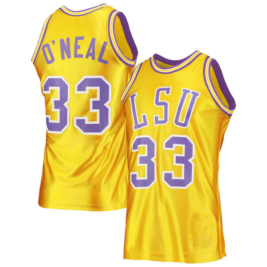 L.Tigers #33 Shaquille O'Neal Mitchell & Ness 1990-91 Authentic Throwback Gold Basketball Jersey Stitched American College Jerseys - Main View