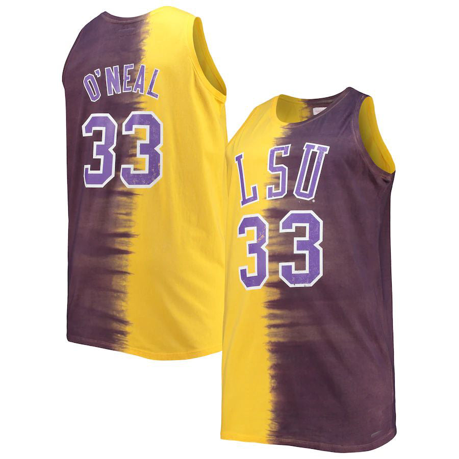 L.Tigers #33 Shaquille O'Neal Mitchell & Ness Big & Tall Player Tie-Dye Jersey Purple Gold Basketball Jersey Stitched American College Jerseys - Main View