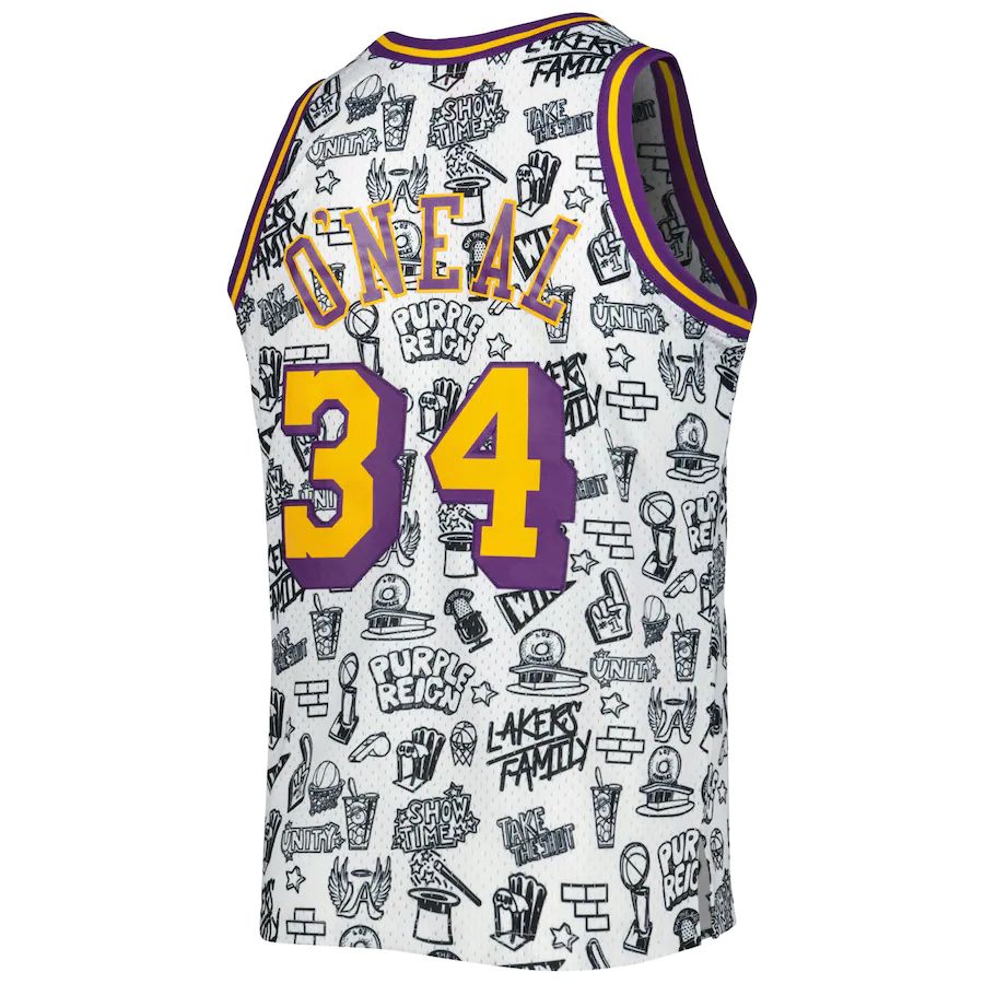 LA.Lakers #34 Shaquille O'Neal Mitchell & Ness 1996-97 Hardwood Classics Doodle Swingman Jersey White Stitched American Basketball Jersey - Main View