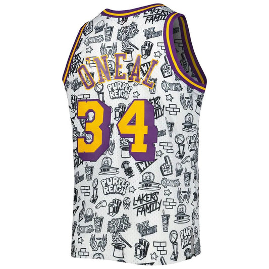 LA.Lakers #34 Shaquille O'Neal Mitchell & Ness 1996-97 Hardwood Classics Doodle Swingman Jersey White Stitched American Basketball Jersey - Main View