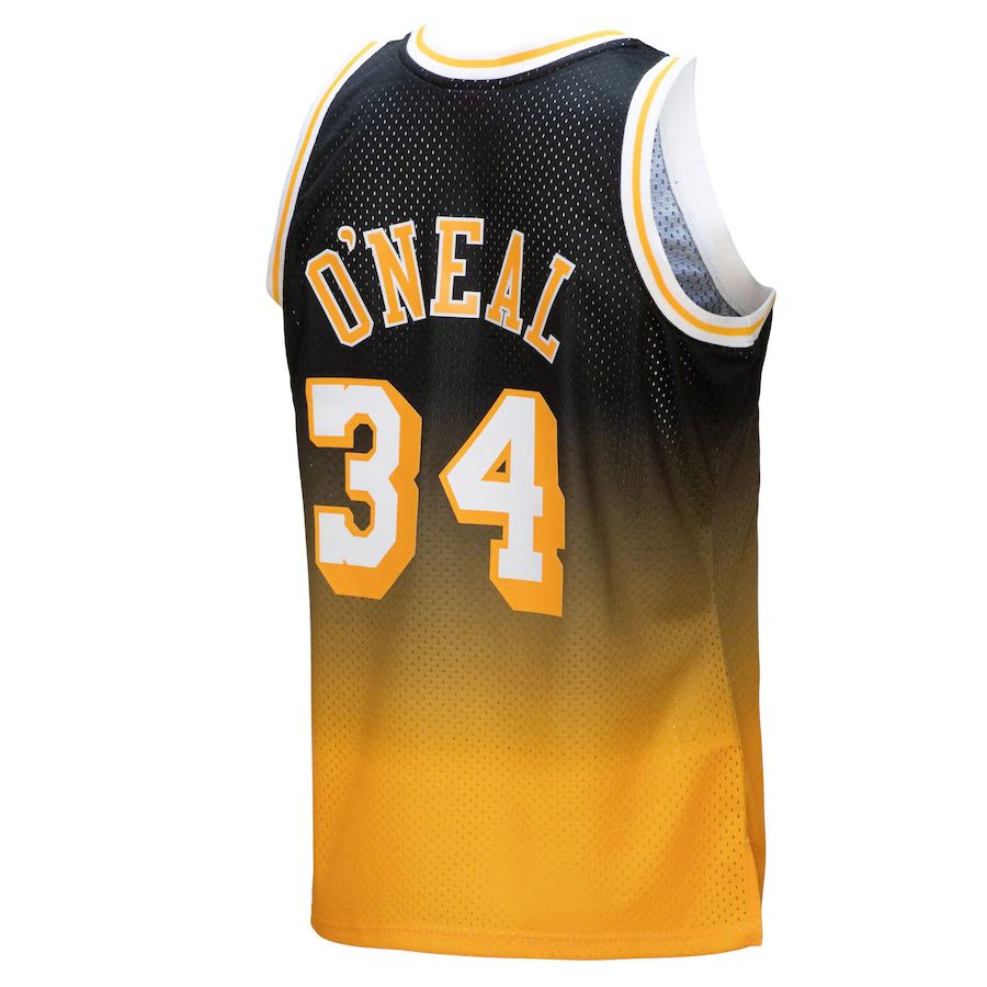 LA.Lakers #34 Shaquille O'Neal Mitchell & Ness 1996-97 Hardwood Classics Fadeaway Swingman Player Jersey  Gold Black Stitched American Basketball Jersey - Main View