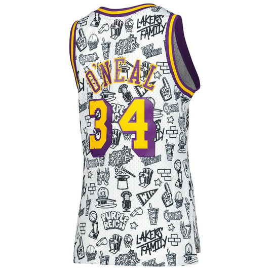 LA.Lakers #34 Shaquille O'Neal Mitchell & Ness Women's 1996 Doodle Swingman Jersey White Stitched American Basketball Jersey - Main View