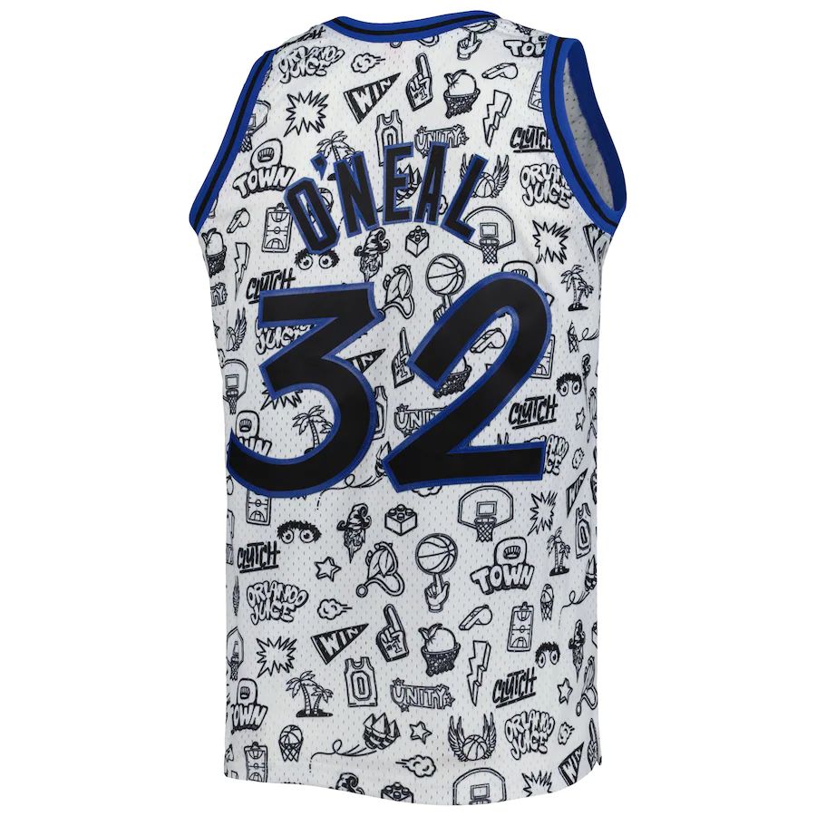 O.Magic #32 Shaquille O'Neal Mitchell & Ness 1994-95 Hardwood Classics Doodle Swingman Jersey White Stitched American Basketball Jersey - Main View