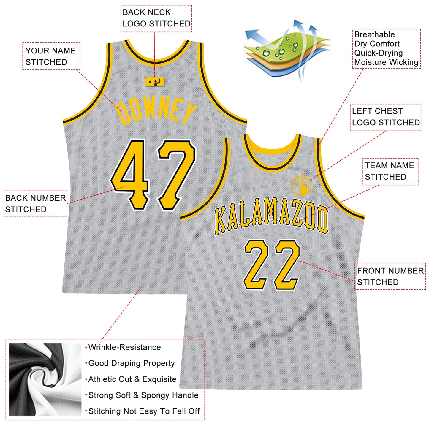 Custom Gray Gold-Black Authentic Throwback Basketball Jersey view 2