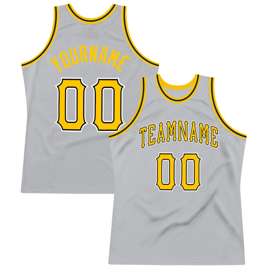 Custom Gray Gold-Black Authentic Throwback Basketball Jersey - Main View