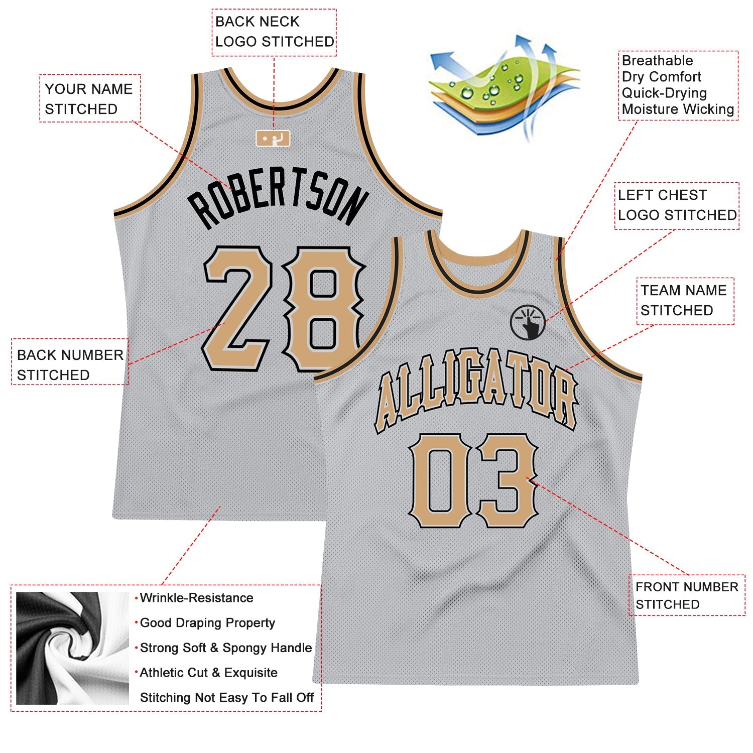 Custom Gray Old Gold-Black Authentic Throwback Basketball Jersey view 2