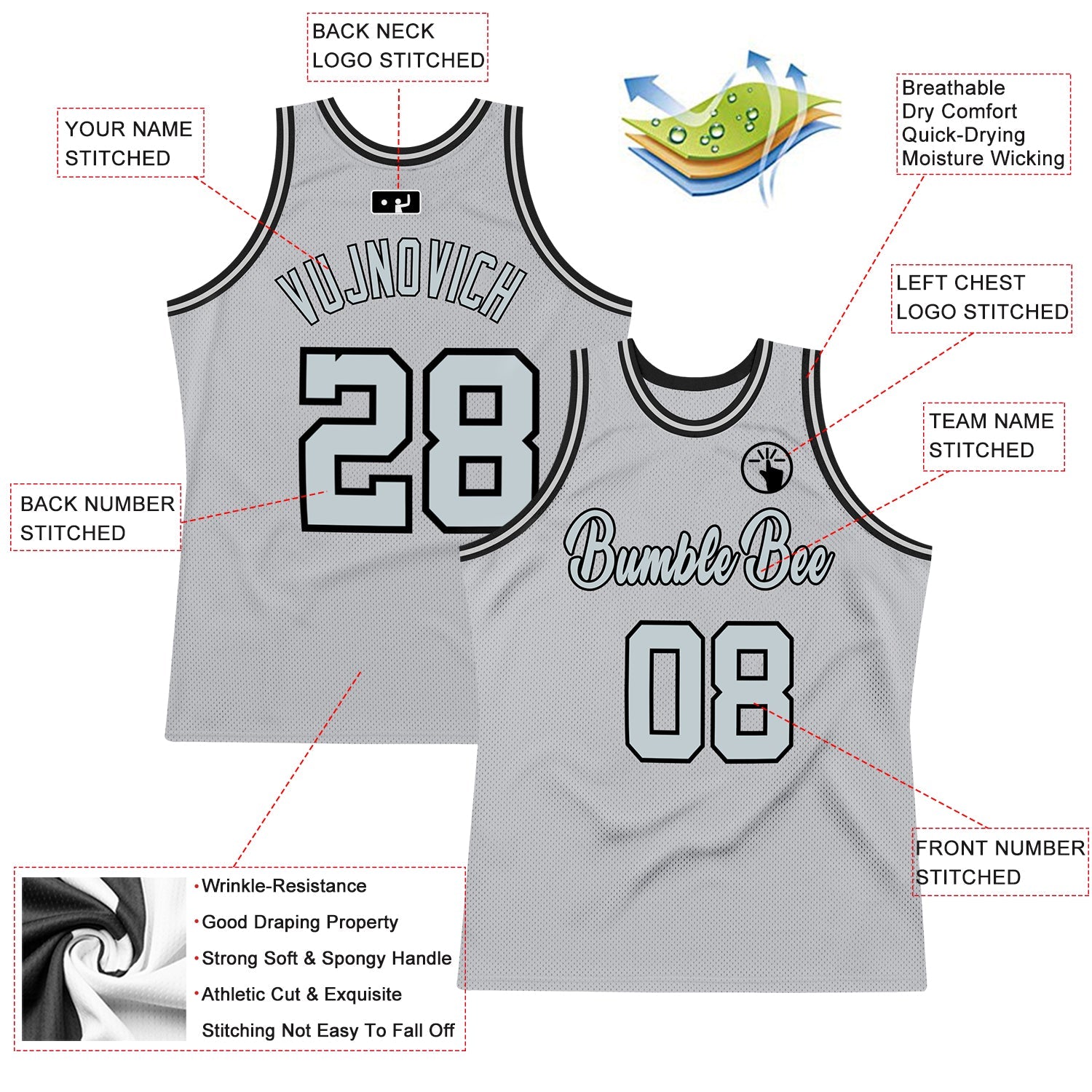 Custom Gray Silver-Black Authentic Throwback Basketball Jersey view 2