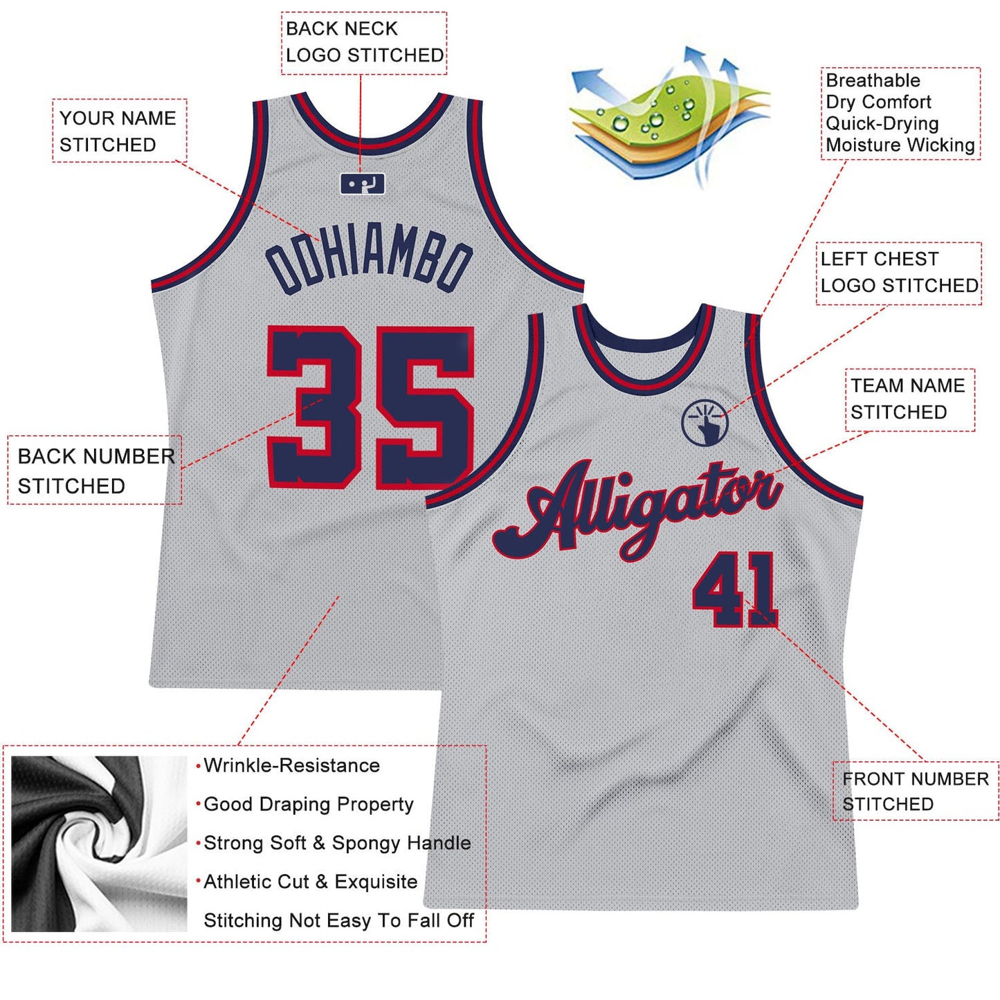Custom Gray Navy-Red Authentic Throwback Basketball Jersey view 2