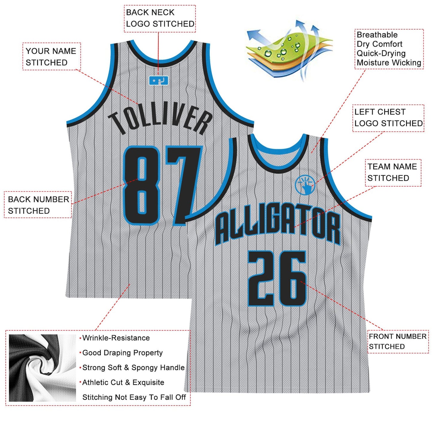 Custom Gray Black Pinstripe Black-Blue Authentic Basketball Jersey view 2
